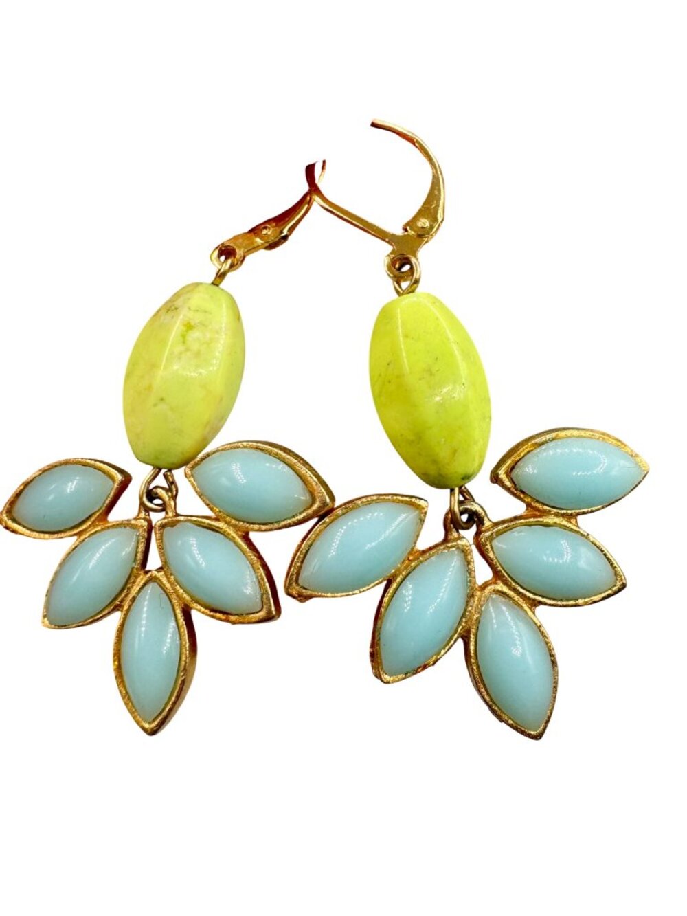 Lemon Jade and Blue Glass Drop Dangle Earrings Lotus or Floral Boho Beachy 1.75"